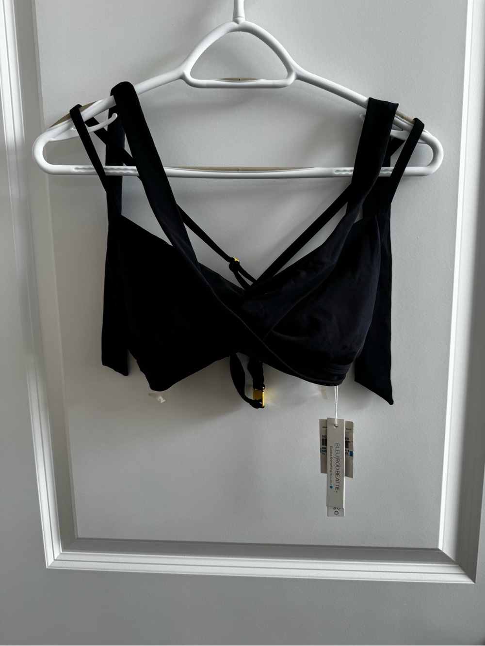 NWT Bleu Rod Beattie black bikini top. 36D double wrap X-back from Swimco